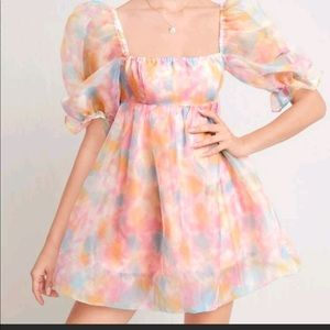 TIE DYE ORGANZA FLARE PUFF DRESS